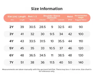Tableau des tailles pour ensemble d'été fille avec mesures pour âges 2 à 7 ans
