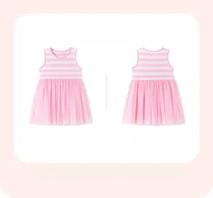 Front and back view of a girls sleeveless striped dress with pink tiered tulle skirt