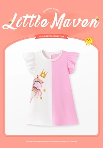 Close-up of pink unicorn print with gold crown and ruffle sleeves on cotton girls dress