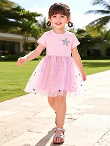 Girls Summer Short Sleeve Cotton Dress Pink Sequin Star Tulle Princess Dress Sweet Gradient Tutu Skirt For Party Daily Wear