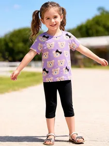 Ensemble T-Shirt Violet à Manches Courtes Imprimé Ours De Dessin Animé Et Leggings Noirs Pour Filles En Coton Doux