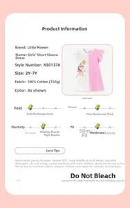 Detail view of 100% cotton pink unicorn dress with fabric specs and washing guide