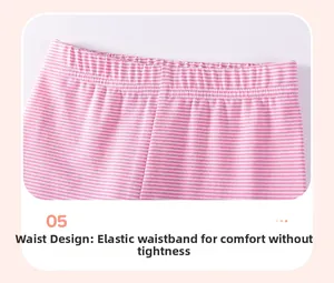 Detail of soft pink and white striped cotton kids leggings with elastic waistband