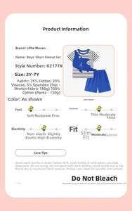 Size chart and fabric details for boys' striped t-shirt and shorts set, sizes 2Y-7Y