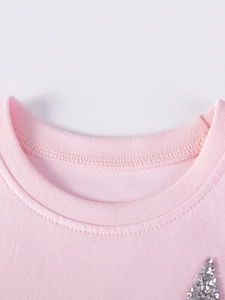 Pink girls cotton dress with ribbed crew neck and sparkly silver sequin embroidery