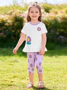 Girls Summer Clothing Set Short Sleeve White T-Shirt and Purple Floral Pants Two Piece Cotton Outfit Casual Kids Clothes