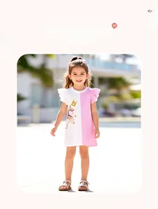 Short sleeve girls dress with color-block unicorn design and ruffled sleeve details
