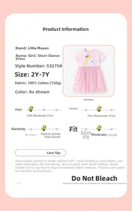 Détail d'une robe fille en coton rose avec motif licorne et jupe en tulle pailleté