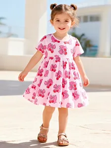 Robe d'Été à Manches Courtes en Coton pour Filles Rose Nœud Cerise Imprimé Col Rond Jupe Princesse Tenues Décontractées