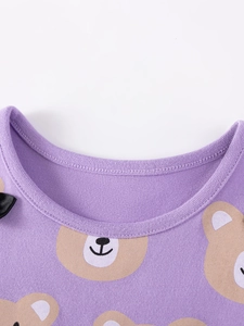T-shirt violet en tricot pour filles avec motif ours et petit nœud noir sur le col rond