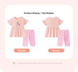Front and back view of girls pink unicorn short sleeve t-shirt with striped leggings set