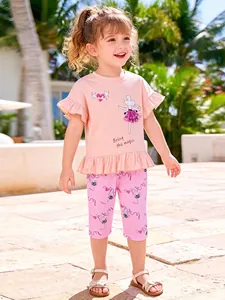 Girls Summer Clothing Cartoon Mouse Printed Pink Ruffle Short Sleeve Top And Pants Cotton Kids Toddler Comfortable Everyday Outfit
