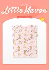 Detail of pink toddler girl t-shirt with cute bunny and rainbow patterns, 100% cotton