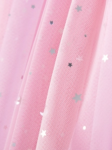 Pink mesh girl dress with silver star sequins and soft pleated layers for summer