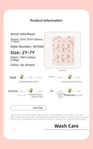 Detail showing 100% cotton fabric specs and cute rabbit print on pink girls' T-shirt