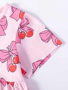 Robe rose à manches courtes pour bébé fille avec joli imprimé cerises et nœuds