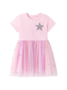 Pink short sleeve girl dress with silver sequin star and layered mesh tulle skirt