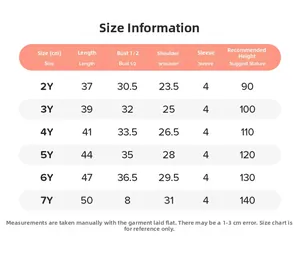 Size chart table for girls' cotton T-shirt showing detailed measurements from 2Y to 7Y