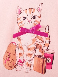 Ensemble rose pour fille avec motif chat, nœud en satin 3D et imprimé cartoon
