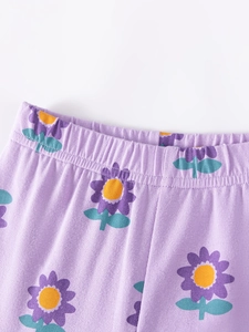 Toddler girl summer set features purple sunflower print shorts with elastic waistband
