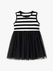 Sleeveless girls dress with black and white striped top and black tulle tutu skirt