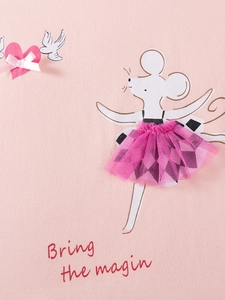 Pink cotton girls set featuring cartoon mouse with mesh tutu and magic text embroidery