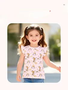 Pink girls t-shirt featuring ruffle sleeves and cute rabbit rainbow cartoon prints