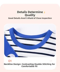 Detail of blue contrast neckline and black-white stripes on cotton kids t-shirt