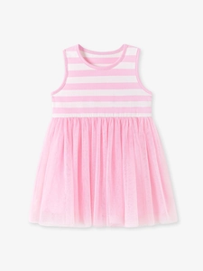 Pink and white striped sleeveless dress with a layered tulle skirt for toddler girls
