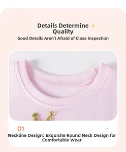 Détail du col d'une robe rose en coton avec couronne dorée et coutures soignées