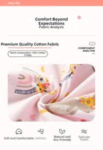 Detail of 100% cotton fabric with cartoon animal print and 150g weight specifications