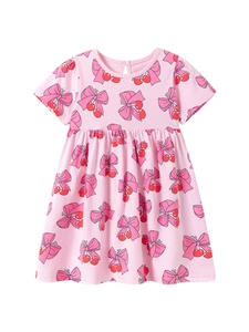 Robe rose en coton pour fille avec imprimés cerises et nœuds et manches courtes