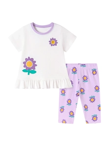 Summer girl outfit set with floral T-shirt and purple flower print leggings for kids