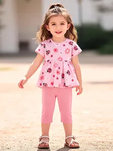 Vêtements d'Été Décontractés pour Filles en Coton T-Shirt à Manches Courtes et Short Rose avec Imprimé Floral Coccinelle pour Enfants