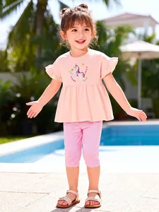 Girls Summer Cotton Set Pink Unicorn Embroidery Ruffle Short Sleeve Top And Striped Pants 2 Piece Kids Vacation Outfit