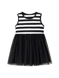 Sleeveless girls striped dress with black mesh tutu skirt on white background