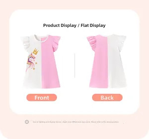 Front and back detail of pink unicorn dress with flutter sleeves and gold crown print