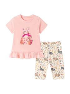Ensemble d'été rose pour filles avec motif de chat mignon et legging à fleurs assorti
