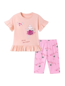Girls pink summer outfit with ballet mouse print, 3D mesh tutu top and printed pants