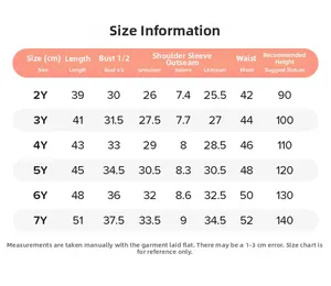 Detailed size chart for kids cartoon set showing measurements for ages 2 to 7 years old