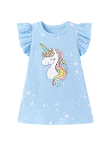 Hellblaues Mädchenkleid aus Baumwolle mit Rüschenärmeln und Einhorn-Stern-Print