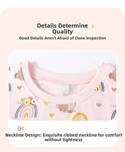 Detail of soft ribbed neckline on toddler pink cotton t-shirt with rainbow and owl print
