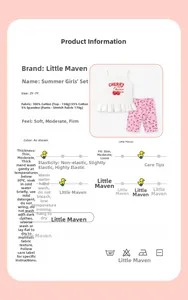 Detail view of cotton cherry vest and floral pants set for girls with size chart
