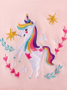 Pink cotton girls' t-shirt with colorful unicorn embroidery and floral heart patterns