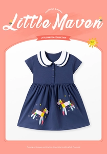 Detail of girls' navy cotton dress with white sailor collar and horse embroidery