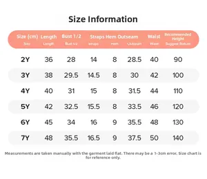 Size guide table for girls summer tank top and shorts set from 2Y to 7Y sizes
