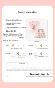 Detailed size chart and 100% cotton material specs for pink girls' bunny summer outfit