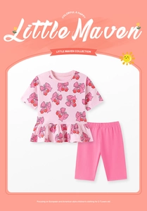 Pink toddler girls' summer set with cherry bow print and ruffled hem details
