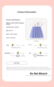 Detail of girls cotton dress with ballerina print and purple layered tulle skirt