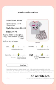 Detail of 100% cotton girls' set with cat print tee and pink leopard heart shorts